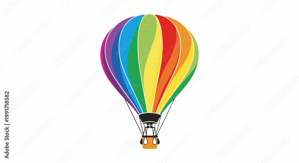 Fototapeta premium Vibrant rainbow hot air balloon ascends against a clean white background