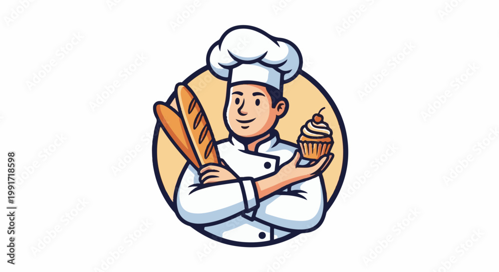 Fototapeta premium A cheerful baker in a chef's hat and coat holds bread and a cupcake
