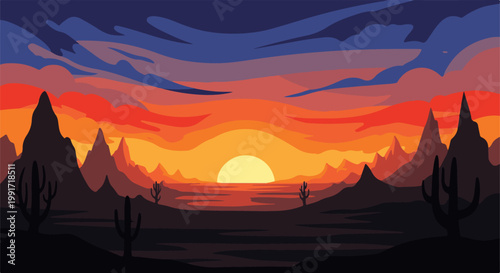 Vivid desert sunset paints sky with fiery oranges, reds, and purples