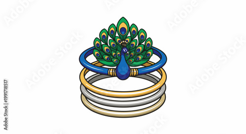 Vibrant peacock displayed with elaborate feathers, surrounded by ornate bangles