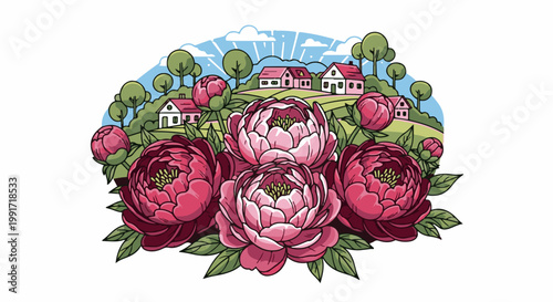 Vibrant peonies bloom before a picturesque village scene under a sunny sky