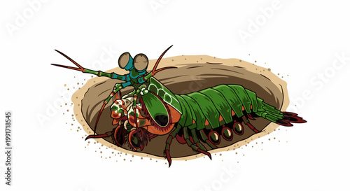 Vivid mantis shrimp with striking eyes emerges from sandy burrow