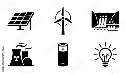 Renewable energy icon set with 6 black vector symbols, sustainable power generation icons, solar panel and wind turbine illustrations for green technology