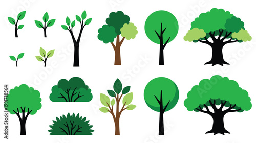Diverse green tree and bush flat vector icons for environment design.