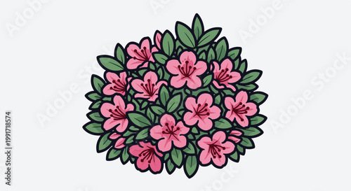 Vibrant pink flowers and green leaves create a lush floral bush