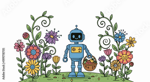 A cheerful blue robot stands in a meadow of colorful flowers holding a basket of fruit