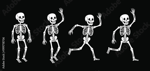 Cartoon Skeletons in Playful Poses Vector Set, Running and Scary Halloween Characters, Funny Bone Figures Collection Isolated on White Background for Party Design, Stickers, Posters, and Decorations
