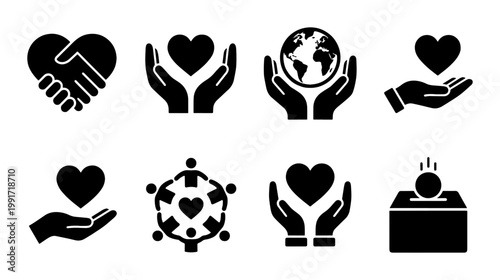 Charity and donation icon set, black solid vector symbols for non-profit organizations, volunteer and community support graphics, 8 flat icons