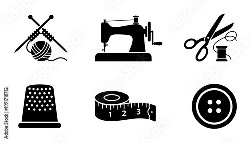 Vintage sewing icons set, black silhouette tailoring equipment, 6 vector elements for needlework and dressmaking, handicraft hobby tools