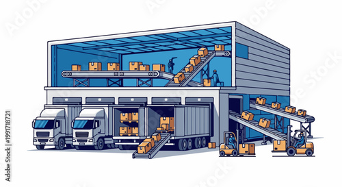 Warehouse logistics operation with trucks, forklifts, and conveyors