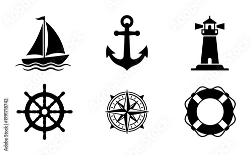 Nautical black silhouette icons set, maritime sailing symbols collection, 6 vector elements including anchor lighthouse and sailboat for marine design