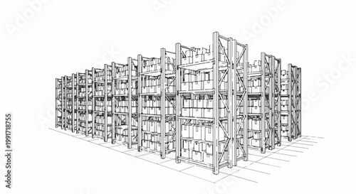 Warehouse racks filled with boxes, a sketch in monochrome