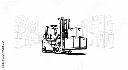Warehouse scene with forklift lifting boxes and shelves of goods