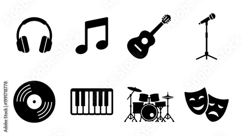 Minimalist music icons set, black musical instrument silhouettes, 8 vector symbols for theater and entertainment, flat audio equipment graphics