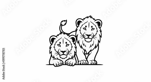 Two stylized lions, one larger and standing, the other smaller and resting