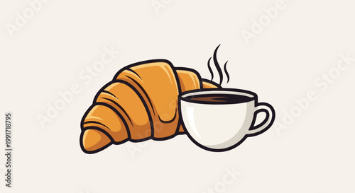 Warm croissant and steaming coffee cup for breakfast