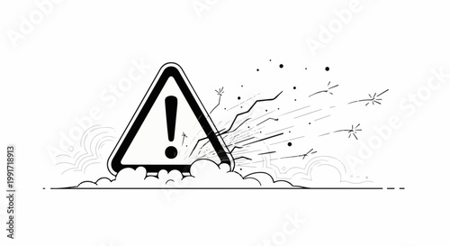 Warning sign with exclamation point bursting with chaotic lines and dots