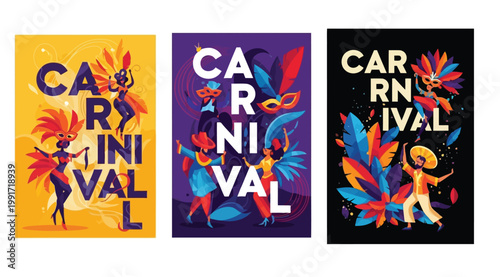 Carnival festival posters set with dancing people in colorful costumes and feathers