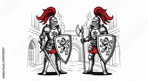 Two knights in armor with red plumes, holding swords and shields