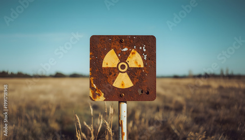 A rusty radiation warning sign in a field 