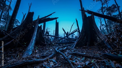Cut tree stumps in a destroyed tropical forest at twilight showing environmental damage and habitat loss