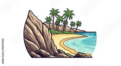 Tropical island scene with palm trees, sandy beach, and clear blue ocean water