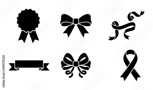 Black ribbon silhouette set with 6 decorative elements, elegant gift bow icons, award medal and banner shapes for graphic design and branding