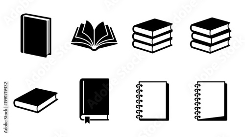 Minimalist book icon set, black and white library symbols, collection of 8 vector book and notebook illustrations for education and reading