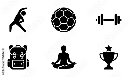 Minimalist sports and fitness icon set, black solid vector symbols for gym and wellness, 6 athletic lifestyle elements for web design and apps