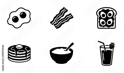 Breakfast food icon set with 6 black vector elements, morning meal symbols including eggs and bacon, pancake and cereal bowl graphics for restaurant menus