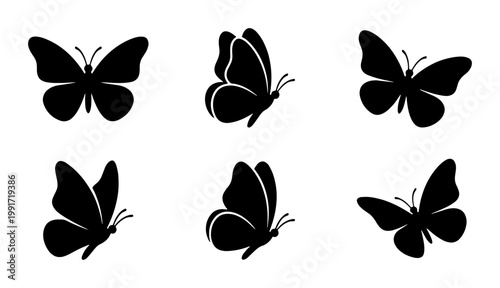 Butterfly silhouette collection, set of 6 black insect icons, minimalist flying butterfly vector shapes, elegant nature design elements for logos