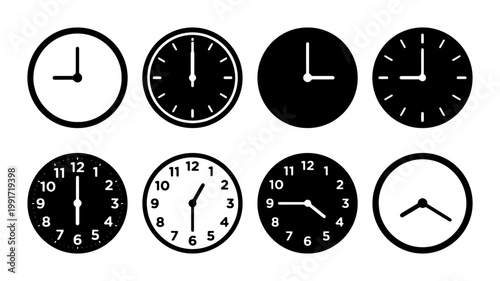 Minimalist clock icon set, 8 black and white wall clock vector elements, flat analog time symbols for schedule and deadline management