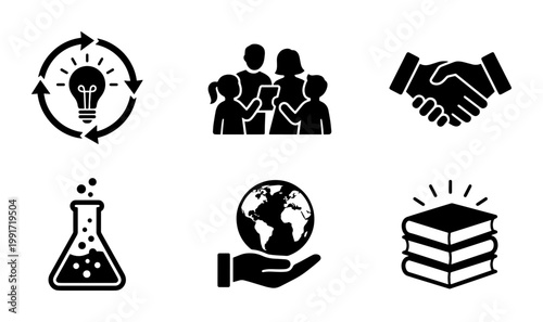 Corporate social responsibility icon set, 6 black vector symbols for sustainability and education, business ethics and community development icons