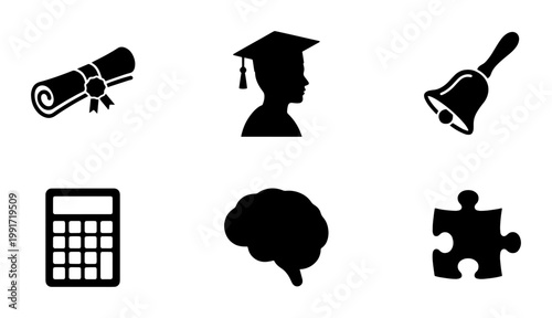 Education and learning icon set, black school symbols with graduation cap and diploma, 6 vector elements for academic and university design