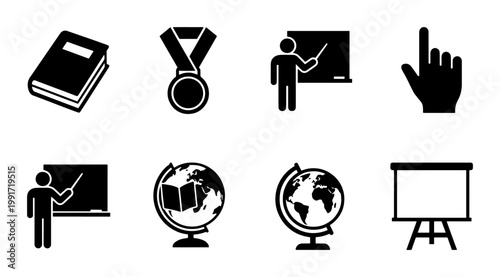 Education icon set with 8 black vector symbols, school and learning pictograms, teacher at blackboard and globe icons for academic presentations