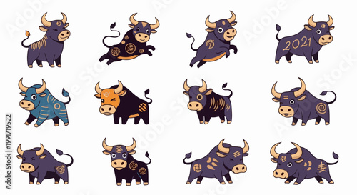 Twelve pixel art bulls in various poses and decorative designs