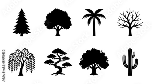 Black tree silhouettes set, 8 botanical nature icons including palm pine and cactus, minimalist forest and garden plant vector elements for landscape design