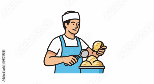 A chef in a blue apron and white hat scoops ice cream from a tub