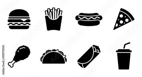 Fast food icon set with 8 black silhouettes, junk food vector collection featuring burger and pizza, takeaway meal symbols for restaurant menus