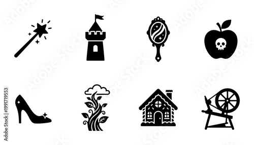 Fairy tale icon set with magic wand and castle, 8 black silhouette fantasy vector elements, storybook symbols for children books and games