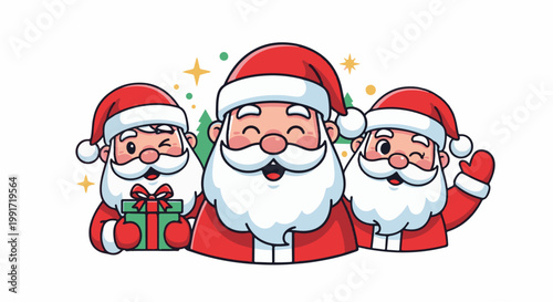 Three jolly Santas with gifts and festive cheer