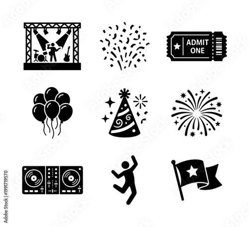 Music festival and party icons set, 9 black solid event symbols, concert stage and celebration elements, entertainment and nightlife vector graphics