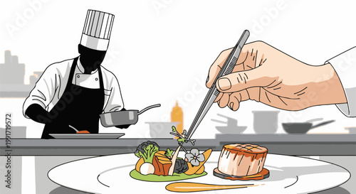 A chef meticulously garnishes a gourmet dish with tweezers in a professional kitchen setting
