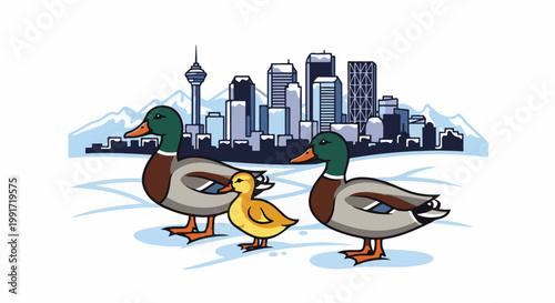 Two adult ducks and a duckling walk on snow with a city skyline