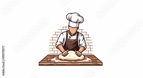 A chef in a white hat and brown apron kneads dough on a wooden board