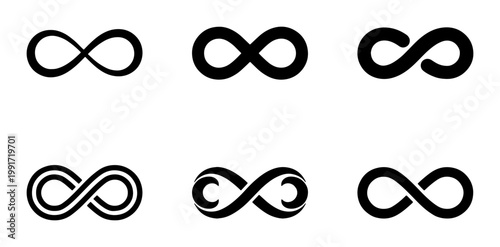 Infinity symbol collection, set of 6 black mathematical loop icons, minimalist eternity sign vector illustrations for branding and logo design