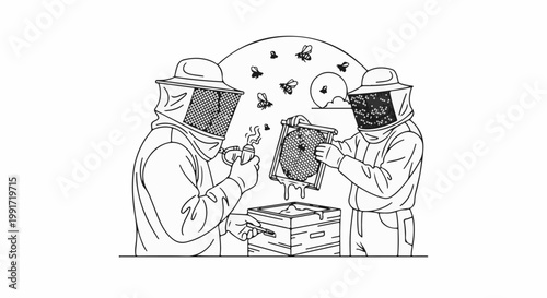 Two beekeepers in protective suits tending to a beehive and honeycomb