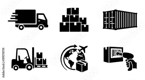 Logistics and shipping icon set, delivery service symbols with cargo truck and forklift, global distribution and warehouse vector elements