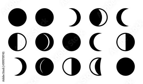 Minimalist moon phases icon set, black lunar cycle vector silhouettes, celestial astronomy symbols collection for calendar and astrology design