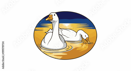 Two white geese swim in golden water under a dark blue sky